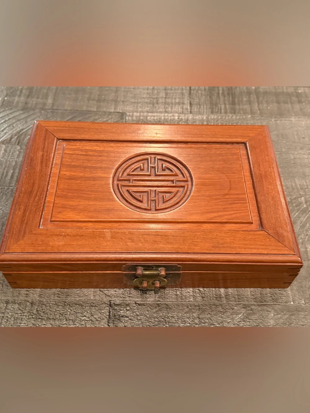 Vintage Chinese Wooden Jewelry Box Longevity Symbol Red Silk Lined Brass Clasp